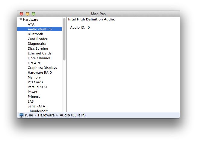 system profiler window showing a basically empty window where the details of the internal audio device should be